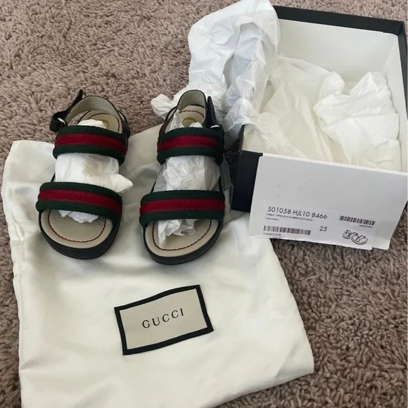 GUCCI kids Green/Red Vintage Web Nylon Open Toe Sandals Size 25/9C - Picture 8 of 12